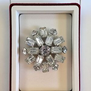 1950s Rhinestone Starburst Brooch 1.5" Baguette & Round Gems Snowflake Weiss Era